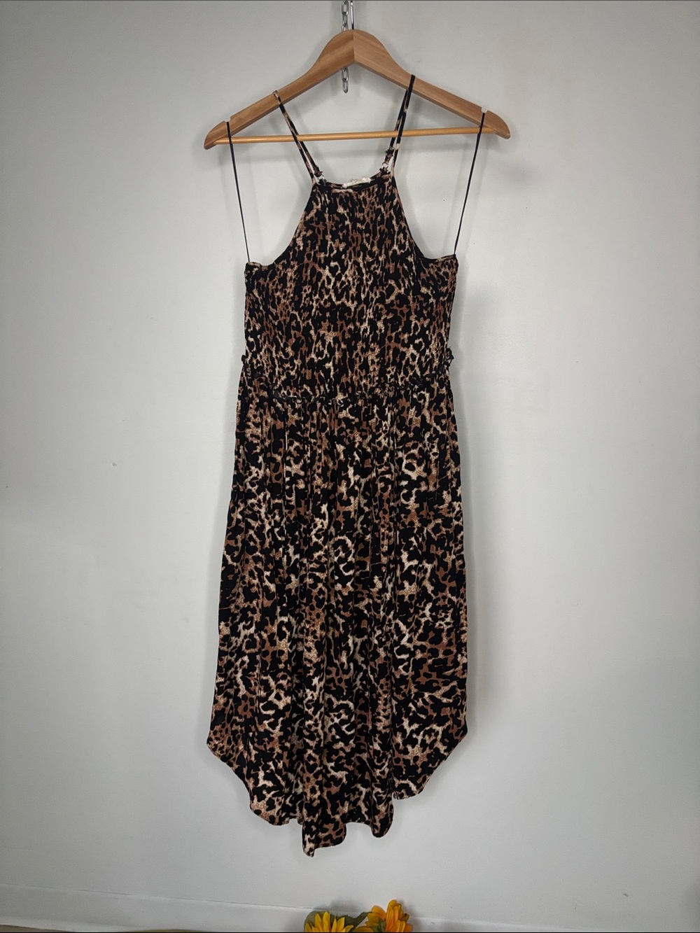 Leopard Print Midi Dress with Spaghetti Straps - Black/Brown